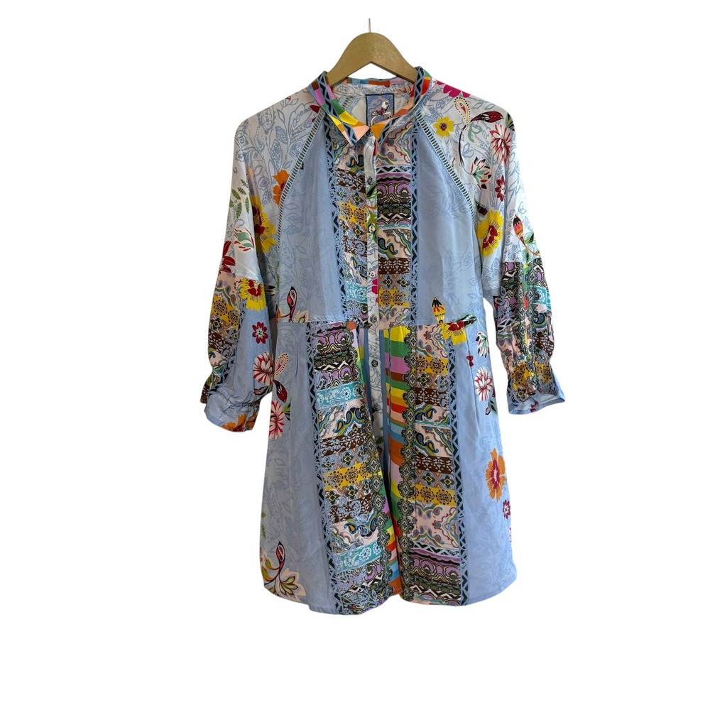 Johnny Was Size Medium Silk Adonia Tunic Top Blue Multicolor Lightweight Preppy
